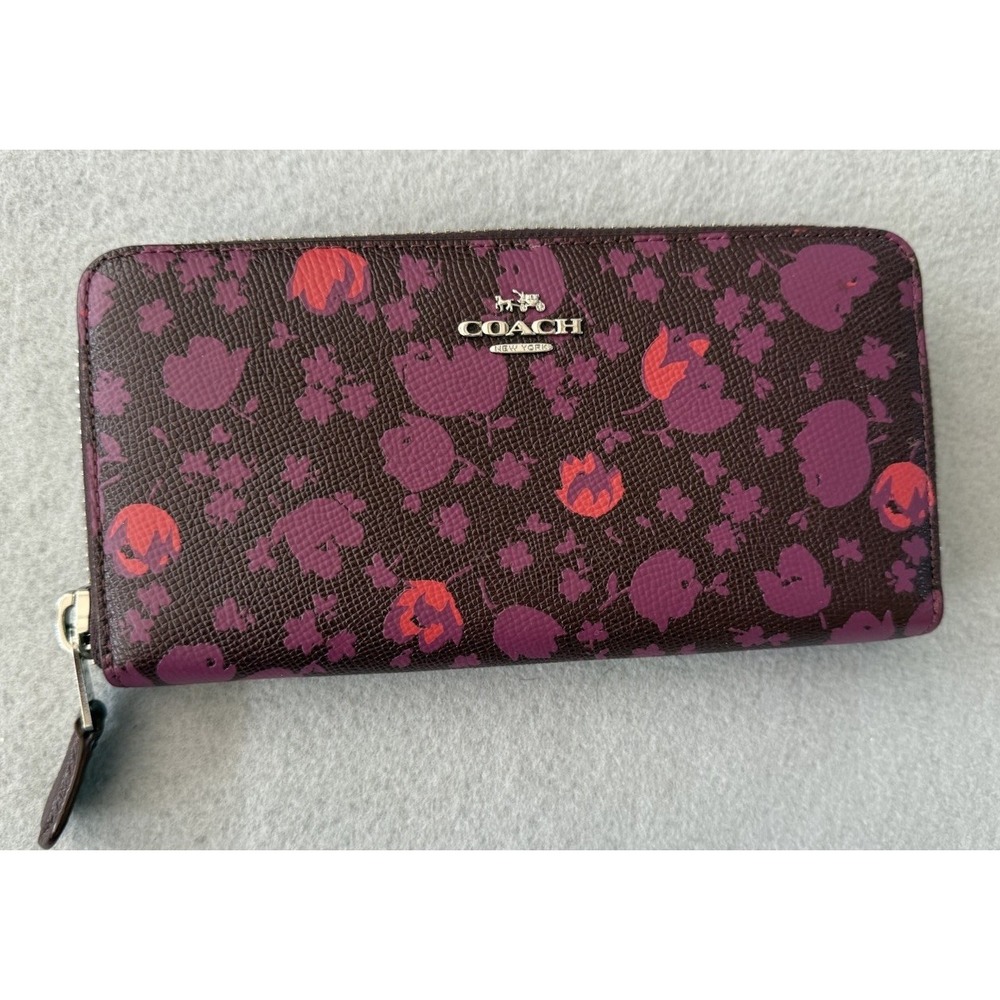 Coach Floral Zip-Around Wallet, Black/Pink/Purple, Women's Credit Card, Logo
